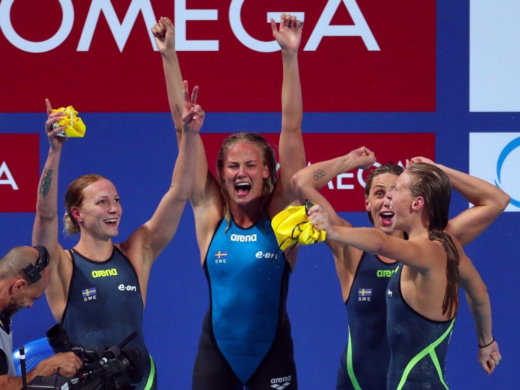 Sarah Sjostrom, Michelle Coleman, Jennie Johansson and Louise Hansson of Sweden celebrate winning the silver medal in the Women's 4x100m Medley Relay Final on day sixteen of the 16th FINA World Championships at the Kazan Arena on August 9, 2015 in Kazan, Russia. Getty