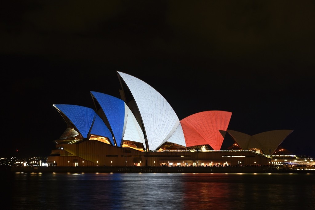 the Sydney Opera House is illuminated in the French national colours in tribute for the victims of the Paris attacks.