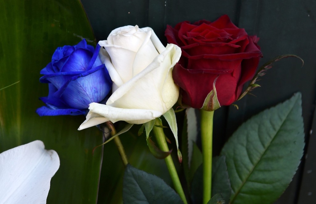 Tricolor roses in front of the French consulate in Krakow