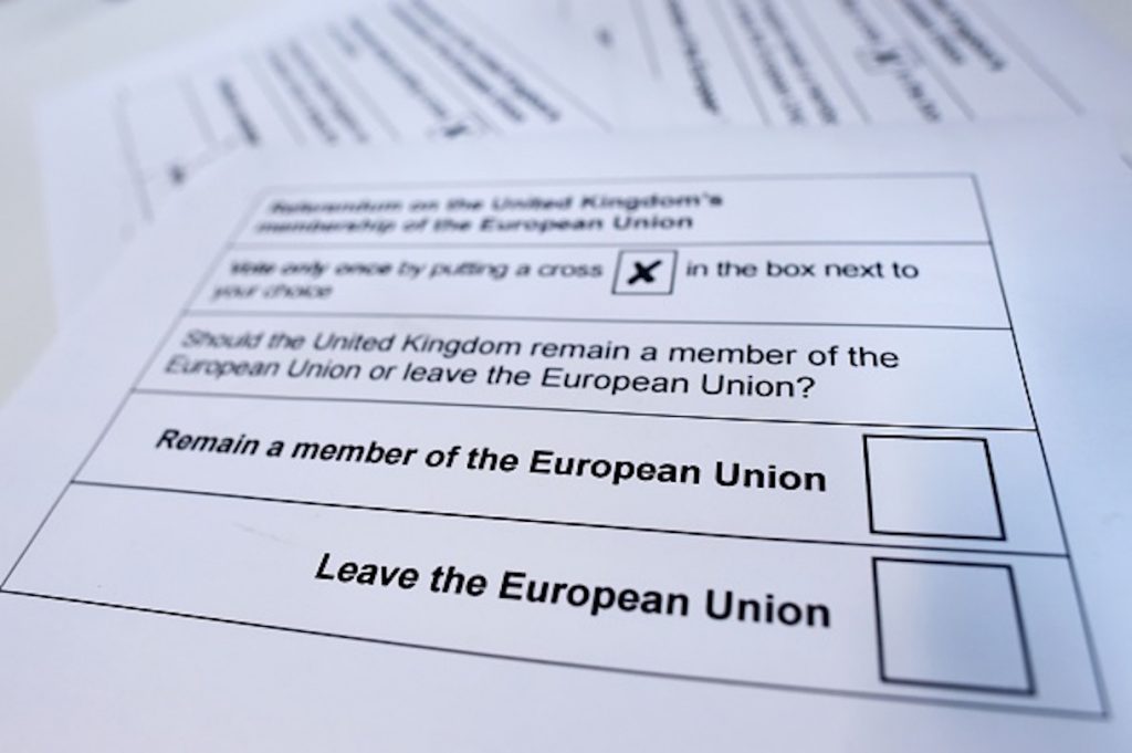 A picture shows printed examples of what an EU referendum ballot paper is expected to look like downloaded from the Stockton on Tees Borough Council website and photographed as an illustration in London on June 8, 2016. Britain will vote in an in/out referendum on whether to leave or remain in the European Union on June 23. / AFP / BEN STANSALL (Photo credit should read BEN STANSALL/AFP/Getty Images)
