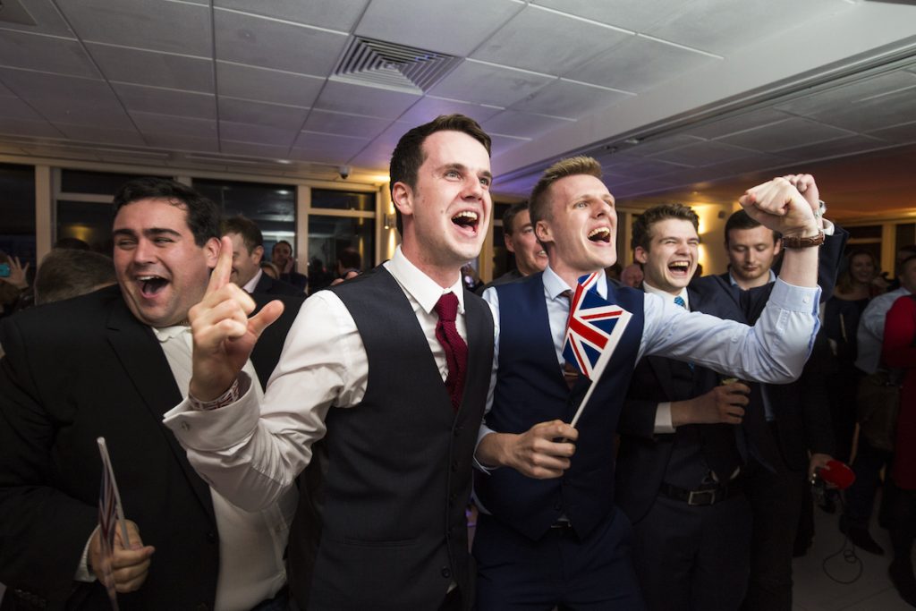 LONDON, ENGLAND - JUNE 24: People react to a regional EU referendum result at the Leave.EU campaign's referendum party at Millbank Tower on June 23, 2016 in London, England. The United Kingdom has gone to the polls to decide whether or not the country wishes to remain within the European Union. After a hard fought campaign from both REMAIN and LEAVE the vote is too close to call. A result on the referendum is expected on Friday morning.(Photo by Jack Taylor/Getty Images)