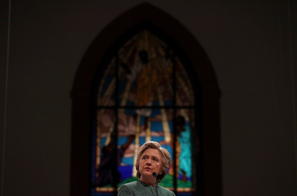 Hillary Clinton attends church services with members of Mothers of the Movement at Union Baptist Church in Durham, N.C. Justin Sullivan/Getty Images