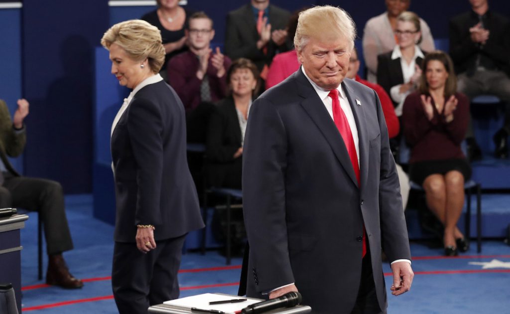 Hillary Clinton and Donald Trump arrive before the second presidential debate at Washington University in St. Louis, Sunday, Oct. 9, 2016. Rick T. Wilking/Pool via AP