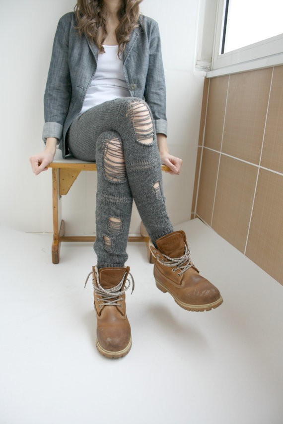 Charcoal Gray Knitted Stretch Tight Pants Ripped Leggings Legwarmer