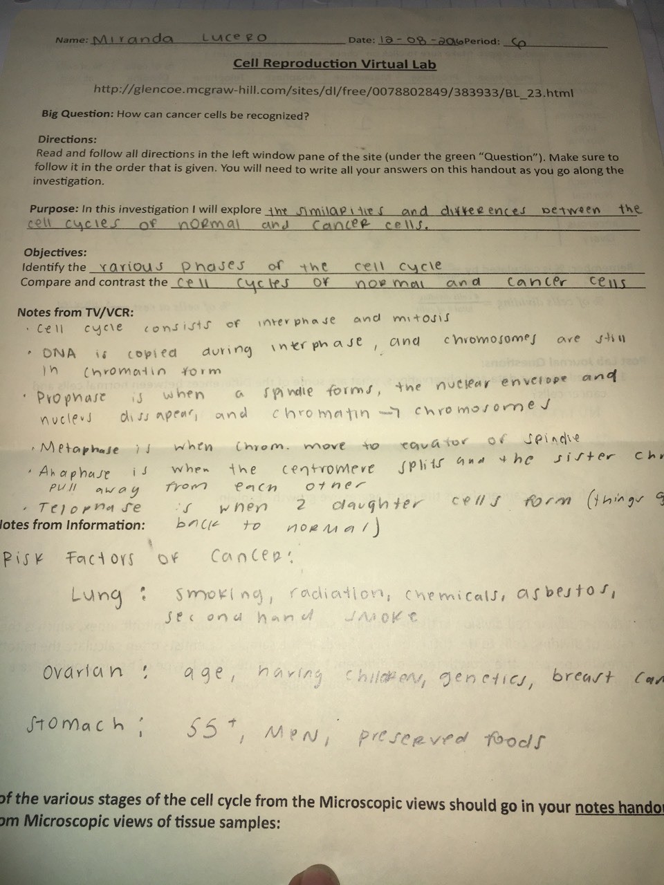 Topic: Cell Reproduction and Division Assignment: Cell Reproduction Virtual Lab This lab made the division of cells so much clearer to me. I didn't quite understand the difference between all of the phases, but I wanted to learn because of my passion towards human/plant life.