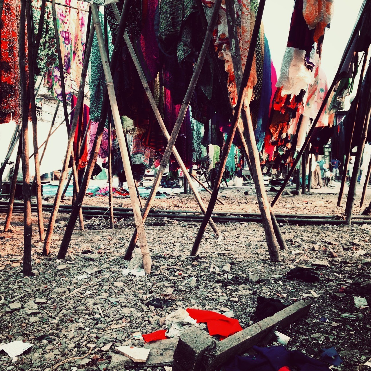 Drying the washed laundry over bamboo sticks