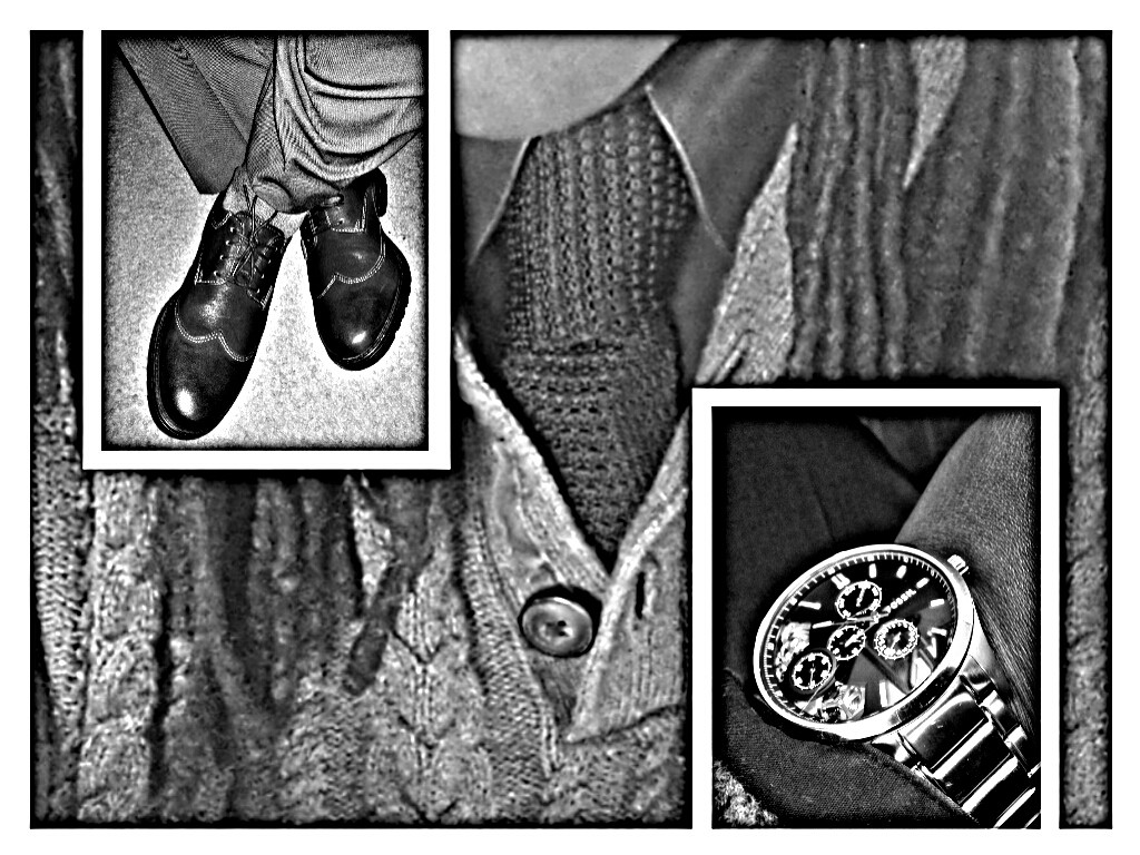 Today's threads and accessories. Fossil Townsman multifunction stainless steel Twist. Vintage black knit Van Heusen necktie. Clark's black leather wingtips. #workflow