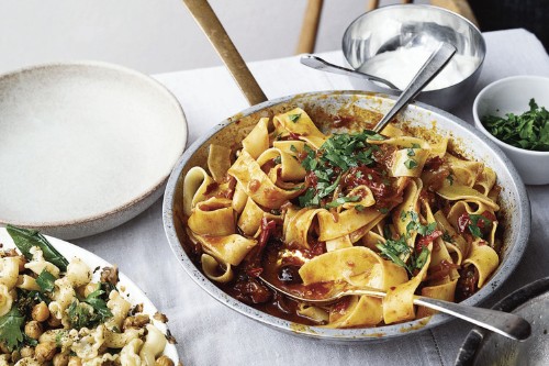 Ottolenghi's Pappardelle with Rose Harissa, Black Olives & Capers