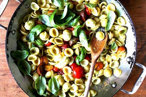 Orecchiette with Sautéed Cherry Tomatoes, Mozzarella and Basil Pesto