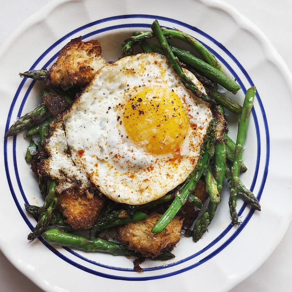 Asparagus With Fried Eggs & Sizzled Paprika Croutons Recipe on Food52