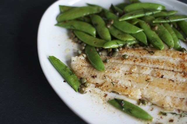 Butter-Seared Sole with Snap Peas, Dill + Capers