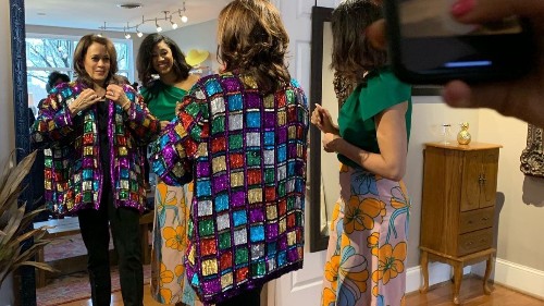 On the campaign trail, Kamala Harris tries on a sequined jacket, and men go nuts
