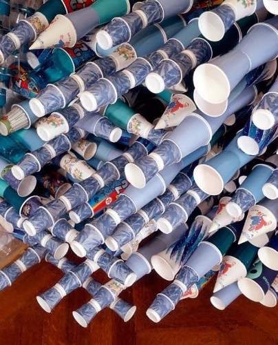 Mesmerizing Wall Collages Made of Paper and Plastic Cups