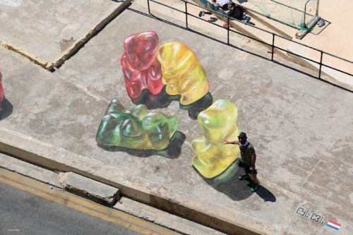 Giant 3D Paintings of Gummy Bears Cleverly Interact with People Passing By