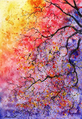 Colorful Watercolor Paintings of Radiant Trees in Nature
