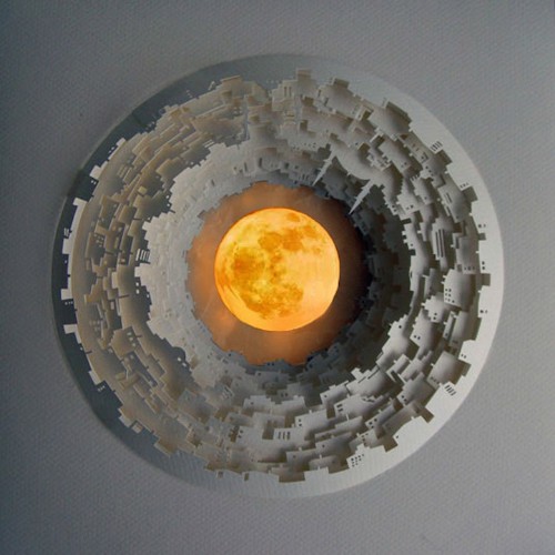Rotating Miniature Worlds Silhouetted Through Layers of Paper