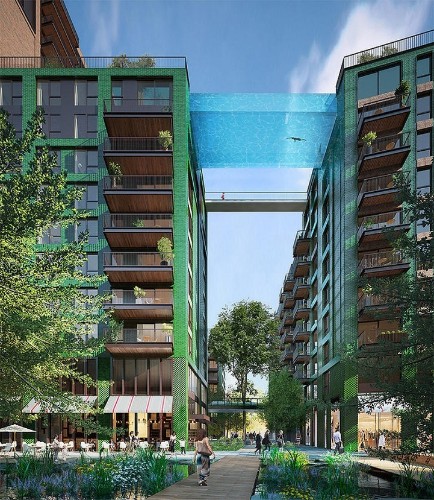 Suspended Glass-Bottomed Pool to be a Swimmable Pathway Between Two Buildings