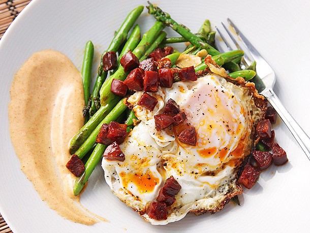 Sautéed Asparagus With Chorizo, Fried Eggs, and Smoked-Paprika Allioli Recipe