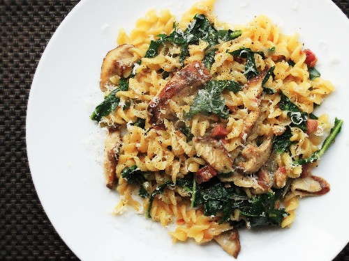 Cook This Easy One-Skillet Pasta with Mushrooms, Pancetta, and Wilted Greens