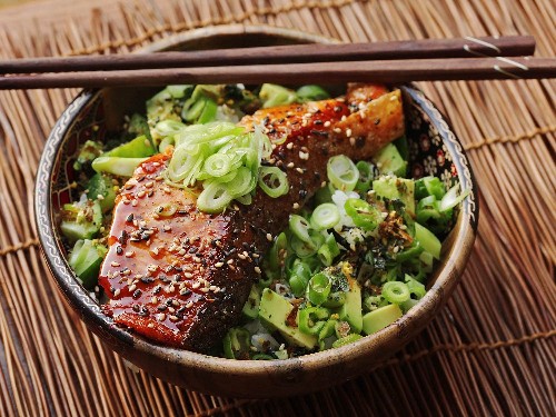Easy Teriyaki-Glazed Salmon, Cucumber, and Avocado Rice Bowls Recipe