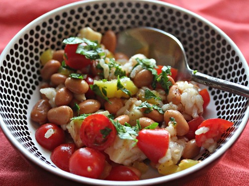 Pinto Bean and Rice Salad With Tomatoes and Cheddar in Banana Pepper-Chili Vinaigrette Recipe
