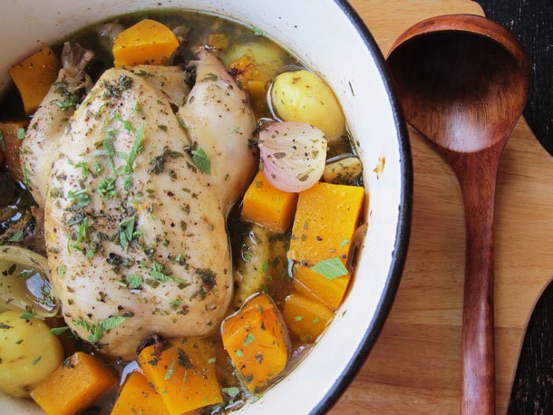 Chicken Dinners: Chicken in a Pot (Poule au Pot) With Potatoes and Squash