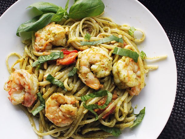 Skillet Suppers: Pesto Pasta with Shrimp and Pine Nuts