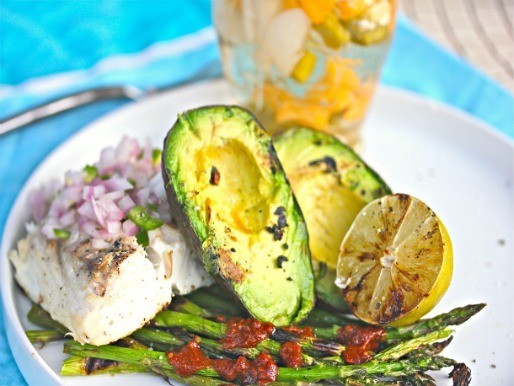 Sunday Supper: Grilled Halibut with Spicy Red Onion Relish, Avocados, Asparagus and Chipotle Vinaigrette