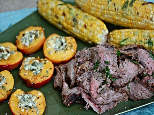 Sunday Supper: Flank Steak With Blue Cheese-Honey Nectarines and Basil-Buttered Corn