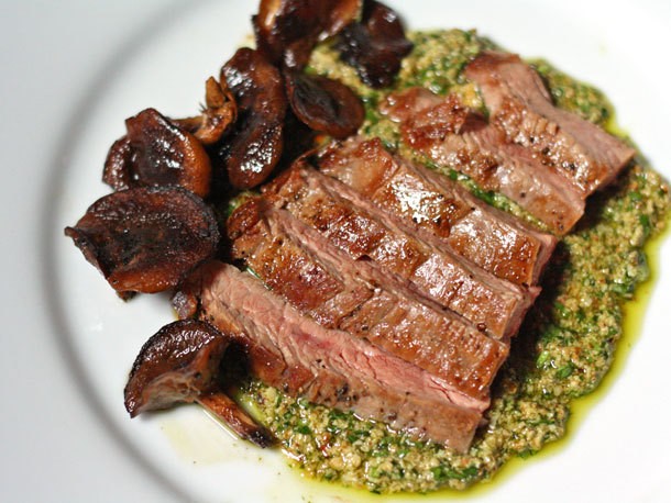 Pan-Seared Flank Steak with Shiitake Mushrooms and Pumpkin Seed Sauce Recipe