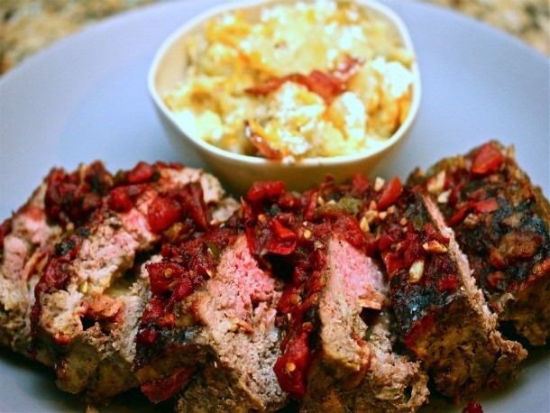 Bacon- and Gouda-Stuffed Meatloaf With Tomato Marmalade and Loaded Smashed Potatoes Recipe