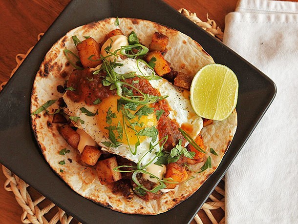 Breakfast Tacos With Crispy Potatoes, Chorizo, and Fried Egg Recipe