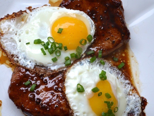 Sunday Brunch: Bourbon Glazed Pork Chops with Fried Eggs