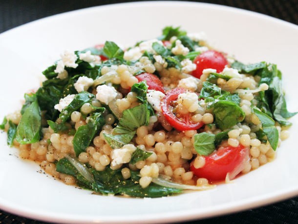 Skillet Pearled Couscous with Tomatoes, Feta, and Spinach Recipe