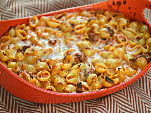 Baked Shells With Roasted Red Pepper Cream Sauce and Italian Sausage Recipe
