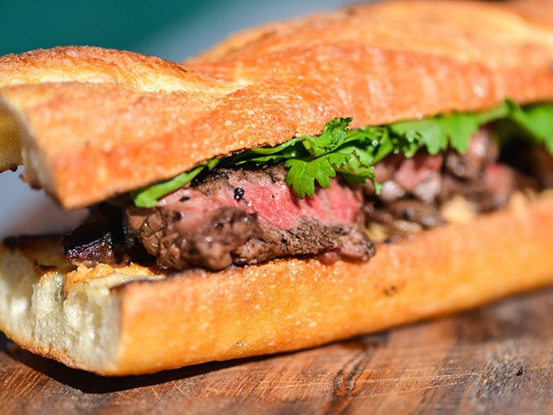 Grilling: Jalapeño-Marinated Steak Sandwiches With Charred Onions and Cotija Mayo