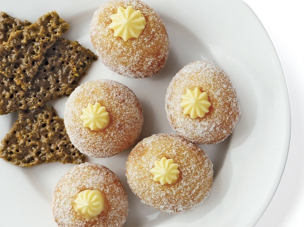 Bake the Book: Lemon Cream Bomboloni with Rhubarb Chutney and Pistachio Florentines
