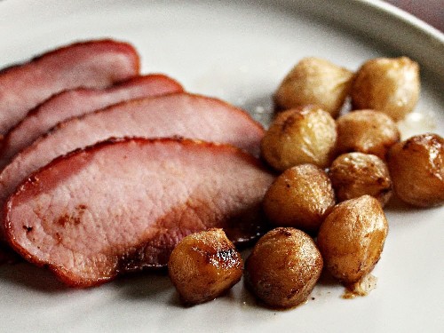Mustard- and Brown Sugar-Rubbed Ham With Balsamic-Roasted Onions Recipe