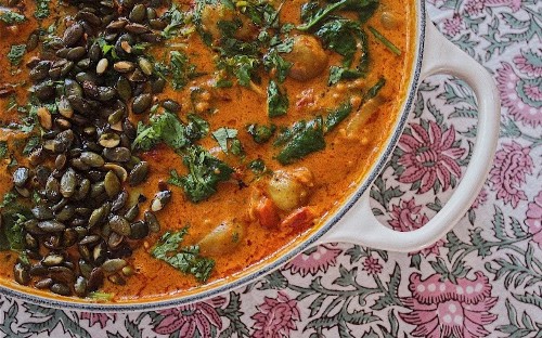 Tonight's dinner: Potato and coconut curry with spicy toasted seeds