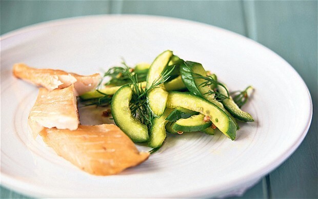 Warm smoked mackerel with pickled cucumbers recipe