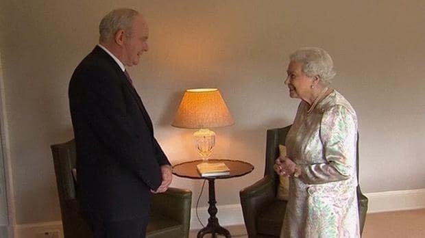 Queen says 'well, I’m still alive anyway' when asked how she is by Northern Ireland’s deputy first minister Martin McGuinness