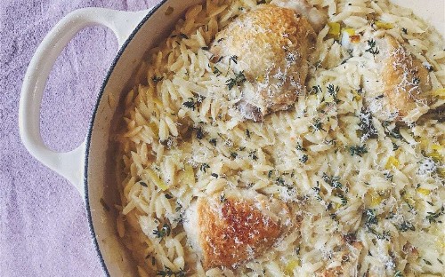 Tonight's dinner: Chicken thighs with orzo, lemon and thyme