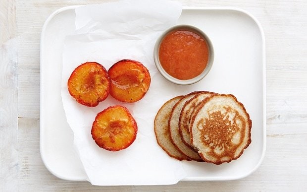 Almond and coconut pancakes with spiced plums recipe
