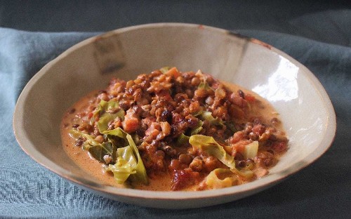 Tonight's dinner: Lentil, cabbage and bacon gratin