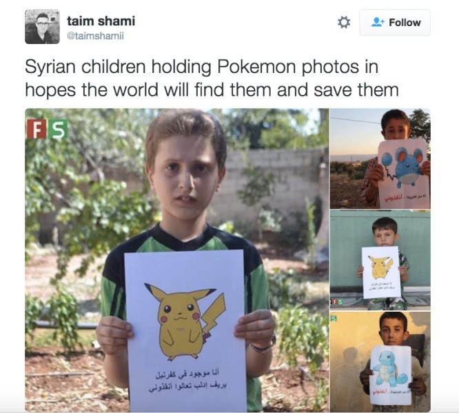 Syrian children hold Pokémon Go photos to say ‘come save me’