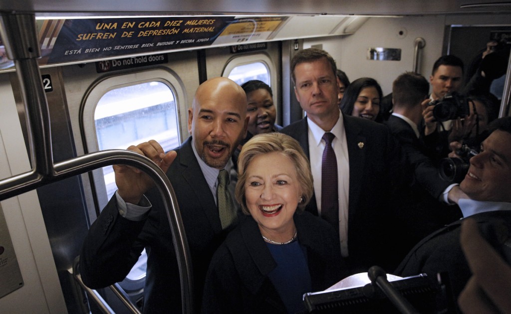 U.S. Democratic presidential candidate Hillary Clinton rides the New York City Subway on April 7, 2016. REUTERS/Brendan McDermid