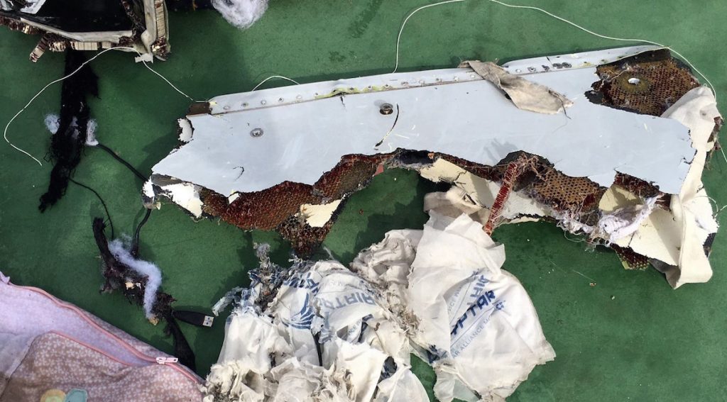 Some of the passengers' belongings and parts of the wreck of EgyptAir flight MS804 are seen north of Alexandria, Egypt on May 21, 2016.  (Photo by Egyptian Armed Forces / Handout /Anadolu Agency/Getty Images)