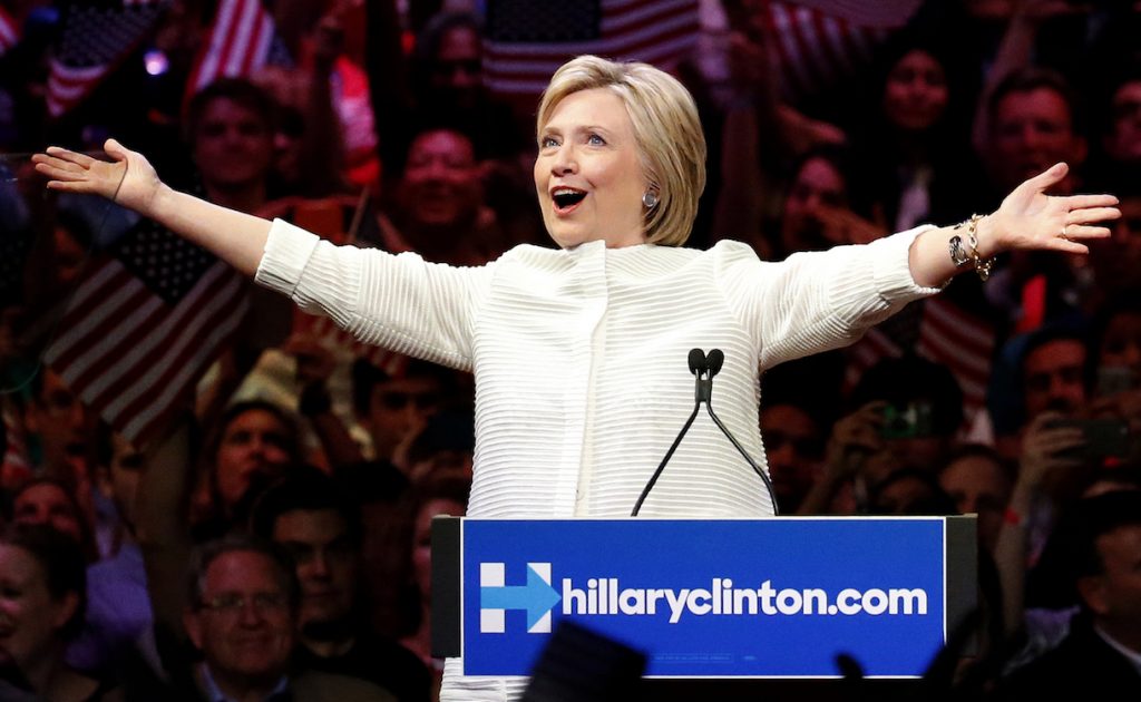 Democratic presidential candidate Hillary Clinton gestures as she greets supporters at a presidential primary election night rally, Tuesday, June 7, 2016, in New York. (AP Photo/Julio Cortez)