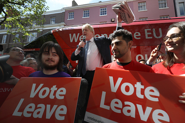 YORK, ENGLAND - MAY 23: Boris Johnson MP addresses members of the public in Parliament St, York during the Brexit Battle Bus tour of the UK on May 23, 2016 in York, England. Boris Johnson and the Vote Leave campaign are touring the UK in their Brexit Battle Bus. The campaign is hoping to persuade voters to back leaving the European Union in the Referendum on the 23rd June 2016. (Photo by Christopher Furlong/Getty Images)
