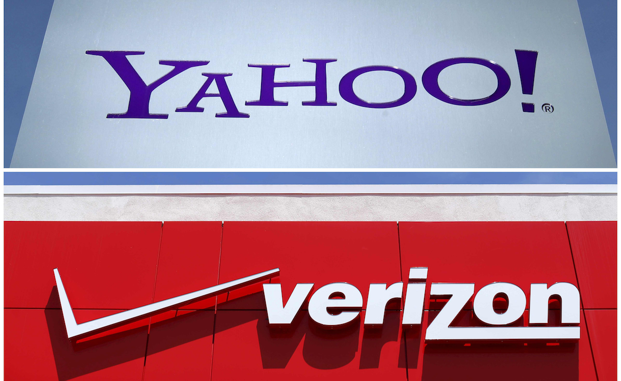 A combination photo shows Yahoo logo in Rolle, Switzerland (top) in 2012 and a Verizon sign at a retail store in San Diego, California, U.S. In 2016. REUTERS/File Photos